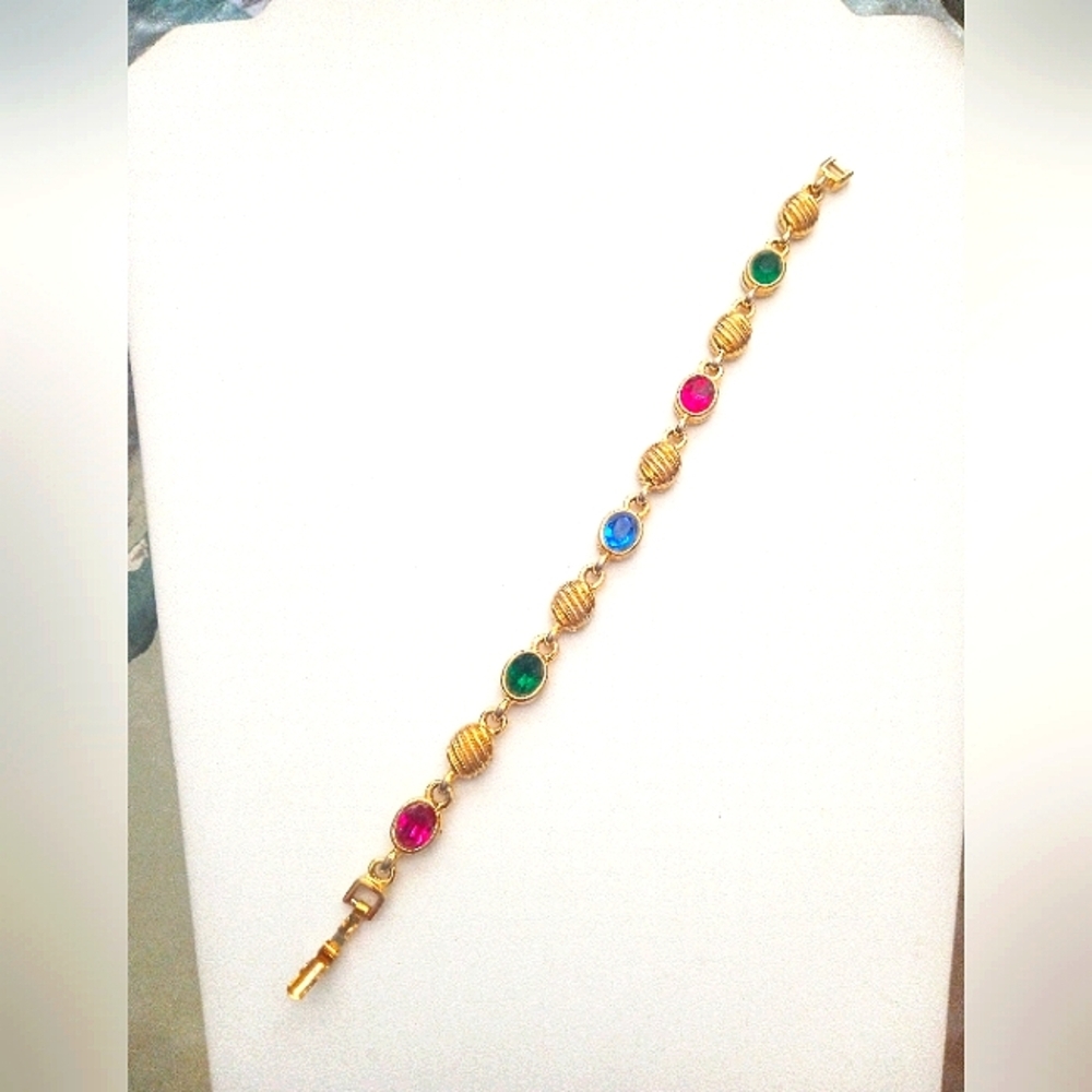 Multi Color Gemstone/Crystal Link Tennis Bracelet Textured Gold Tone Beads 1980s - Picture 2 of 5